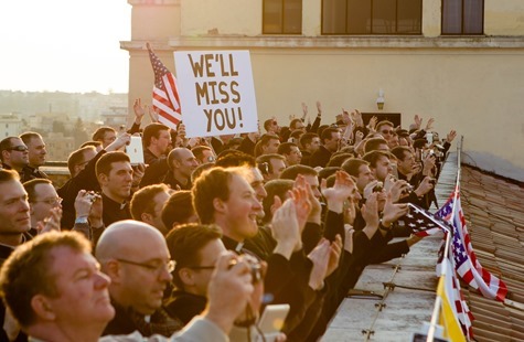 Seminarians at the Pontifical North American College wave to the helicopter carrying Pope Benedict XVI February 28.  Pilot photo/Gregory L.  Tracy